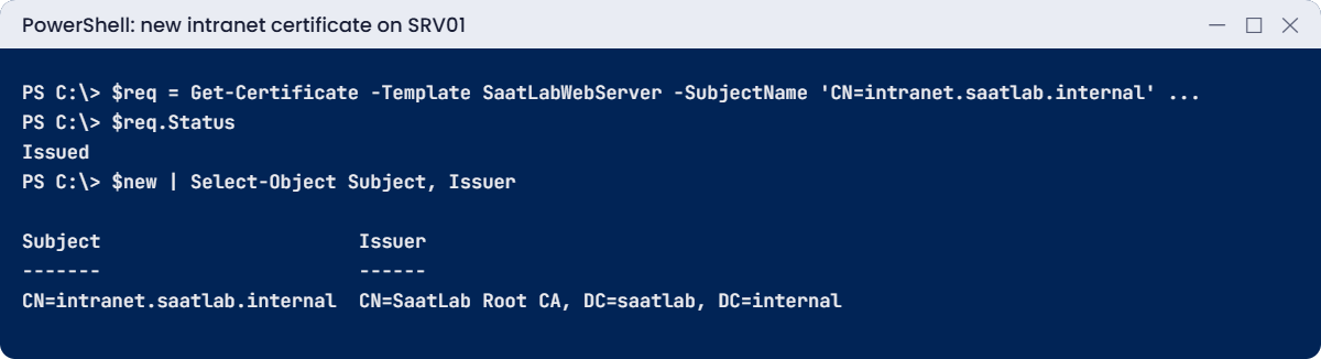 Active Directory Certificate Services lab: intranet certificate issued by SaatLab Root CA