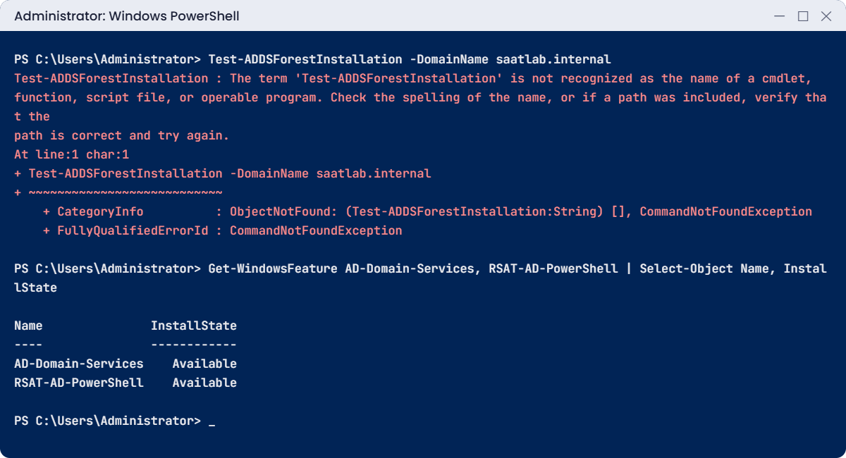 Active Directory Domain Services lab: ADDSDeployment cmdlets not recognized on a server without the role