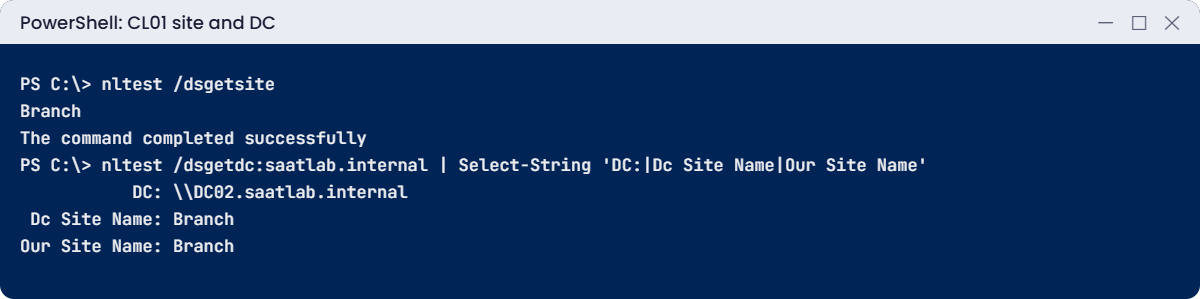 Active Directory replication lab: CL01 in the Branch site using DC02