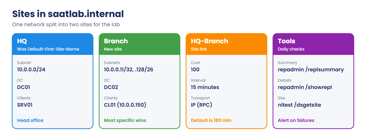 Active Directory replication lab sites: HQ, Branch, HQ-Branch site link and tools