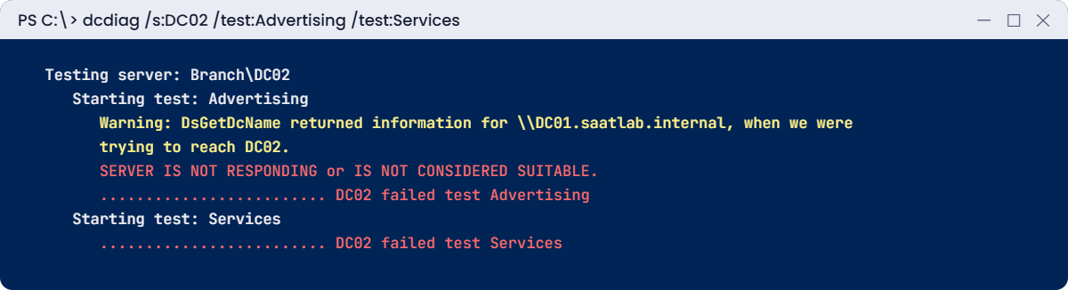 Active Directory troubleshooting break lab: dcdiag fails Advertising when Netlogon stops