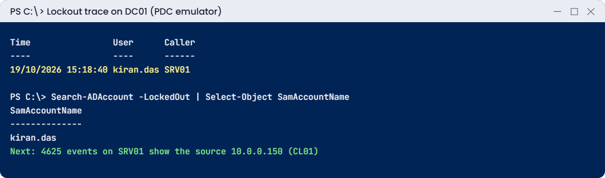Active Directory troubleshooting lab: event 4740 shows the lockout caller computer