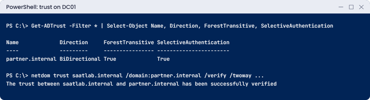 Active Directory trusts lab: Get-ADTrust and netdom verify the forest trust