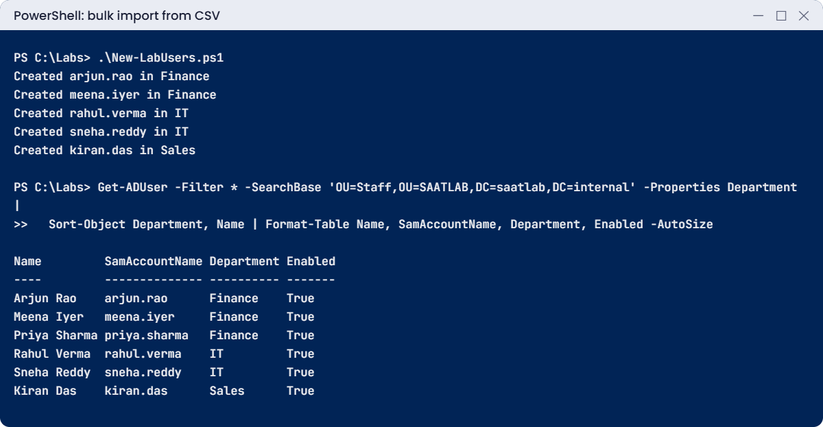 Active Directory users and groups lab: bulk import of users from CSV with New-ADUser