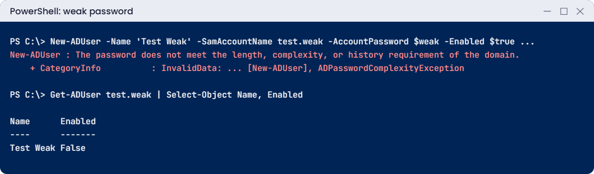 Active Directory users and groups lab: weak password error leaves a disabled user