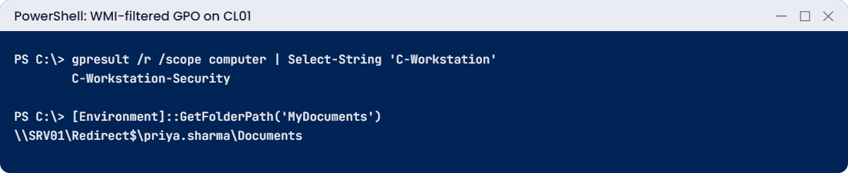 advanced Group Policy lab: WMI-filtered GPO applied and Documents redirected to SRV01