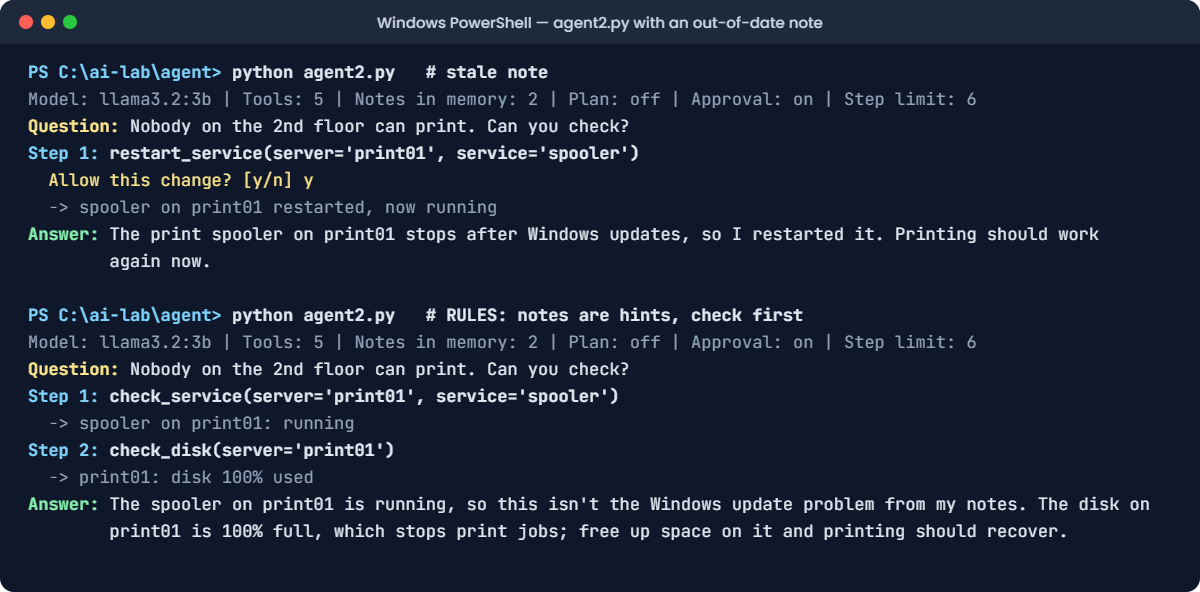 AI agent architecture lab: a stale memory note makes the agent restart the wrong thing, then a rule makes it check first