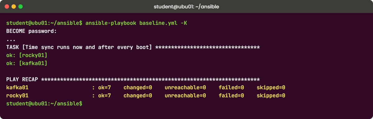 Ansible for Linux admins lab: the second playbook run shows changed=0