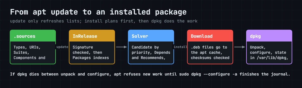 APT package management flow: signed InRelease, Packages index, solver, download and dpkg