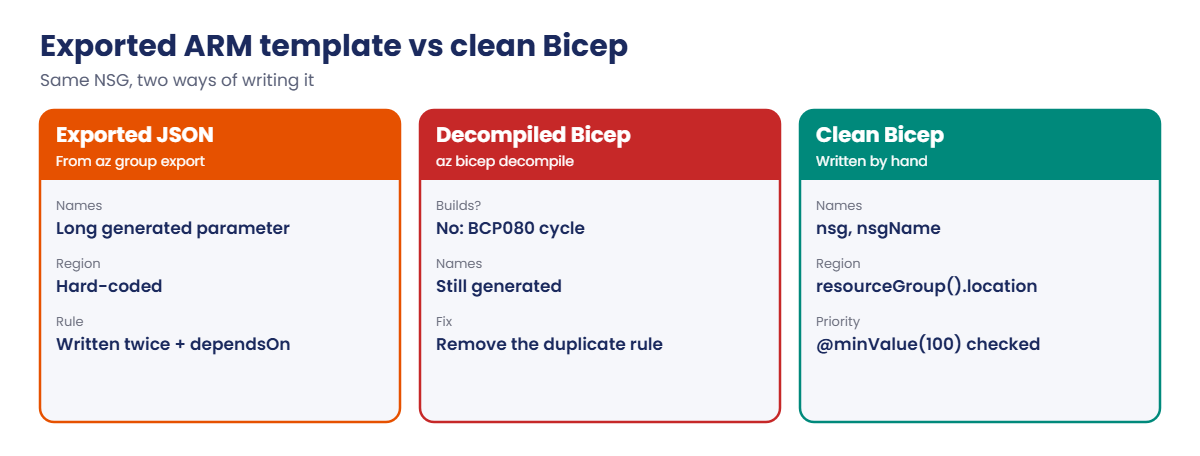ARM template to Bicep: exported JSON, decompiled Bicep and clean Bicep