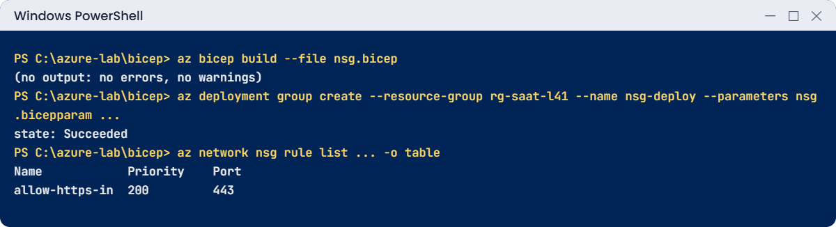 ARM template to Bicep lab: build and deploy with a bicepparam file