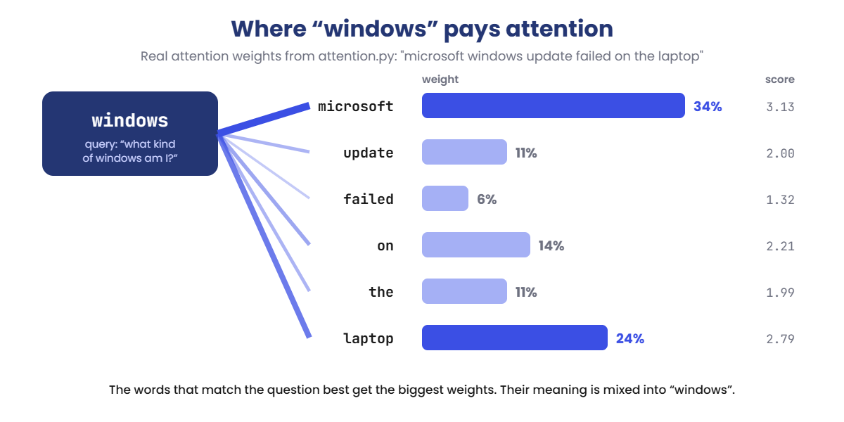 Attention mechanism weights: windows attends to microsoft 34% and laptop 24%