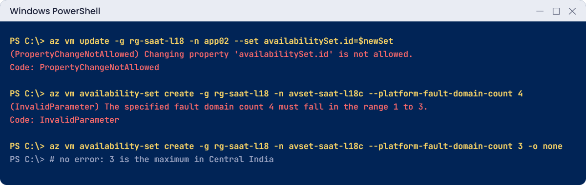 Availability set errors: PropertyChangeNotAllowed and fault domain count