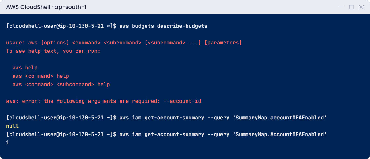 AWS account setup break lab: missing --account-id and a case-sensitive query