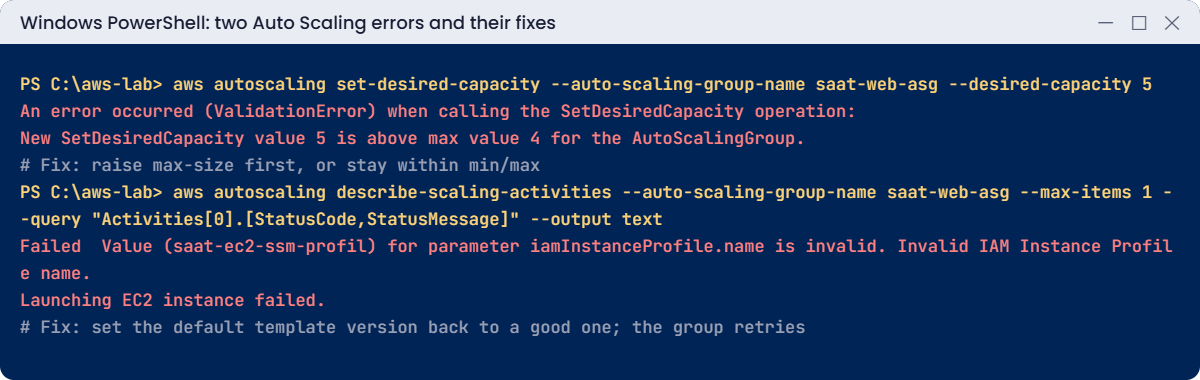 Auto Scaling errors: desired capacity above max and failed launch, with fixes