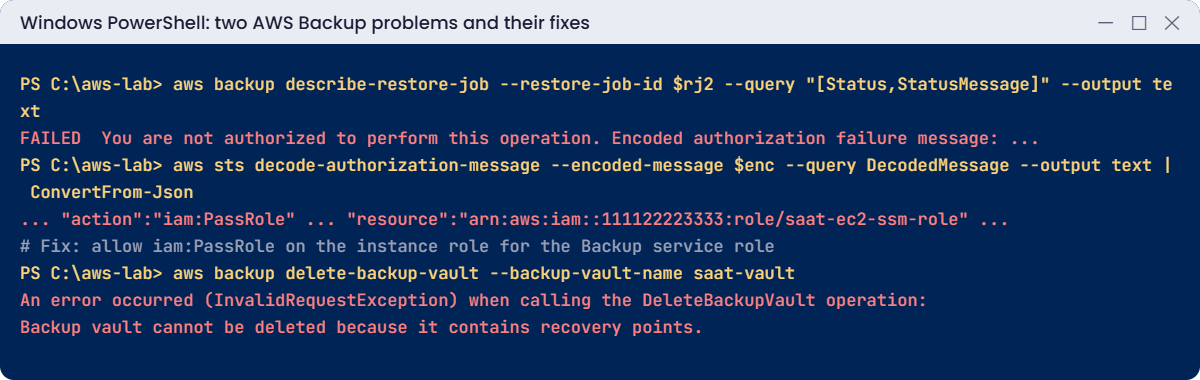 AWS Backup problems: restore fails on iam:PassRole, vault with recovery points