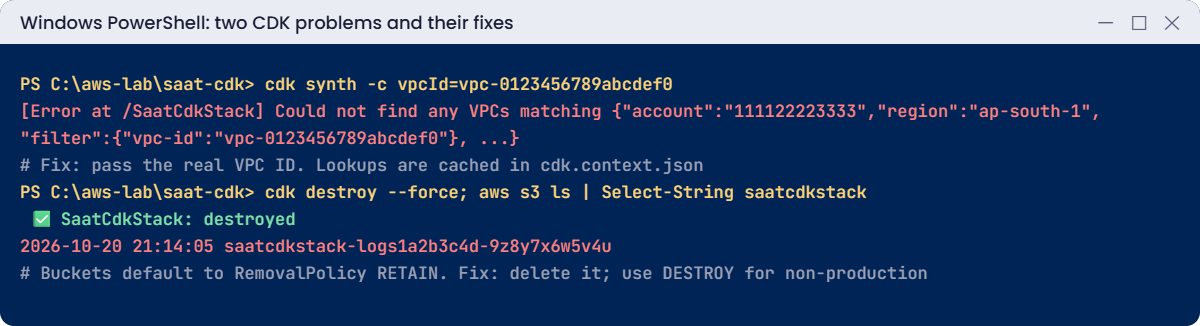 CDK problems: VPC lookup not found, bucket retained after cdk destroy