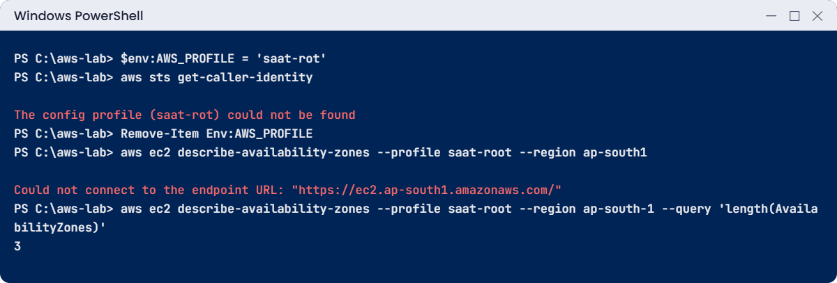 AWS CLI setup break lab: profile not found and a wrong Region endpoint