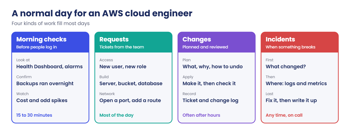 AWS cloud engineer day: morning checks, requests, changes and incidents