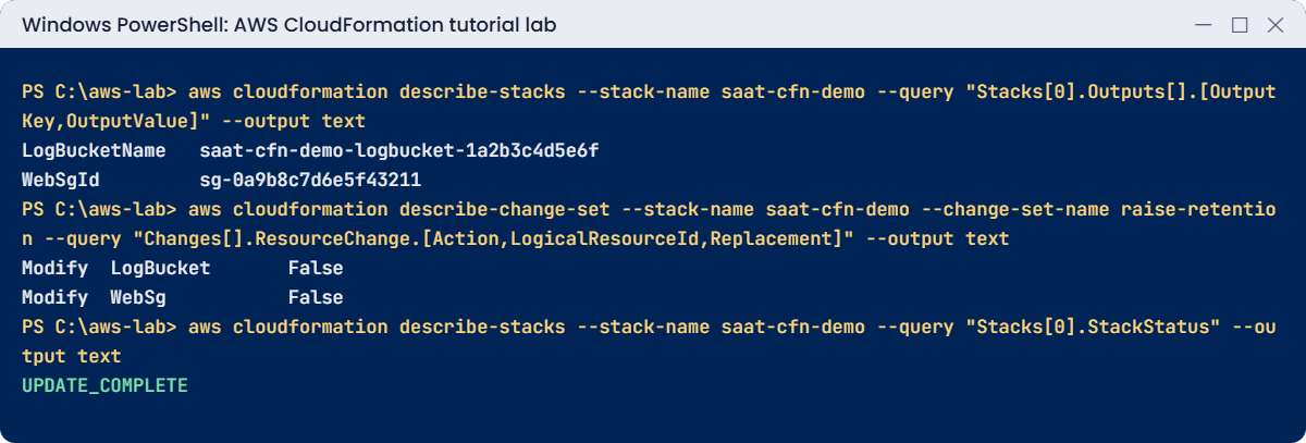 AWS CloudFormation tutorial lab output: stack outputs, change set and update complete
