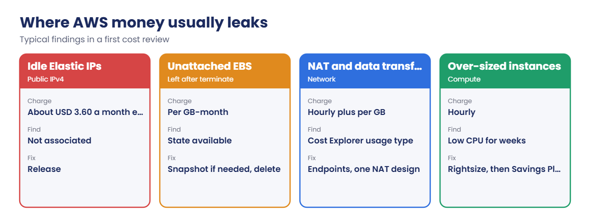 Where AWS money leaks: idle Elastic IPs, unattached EBS, NAT and data transfer, over-sized instances