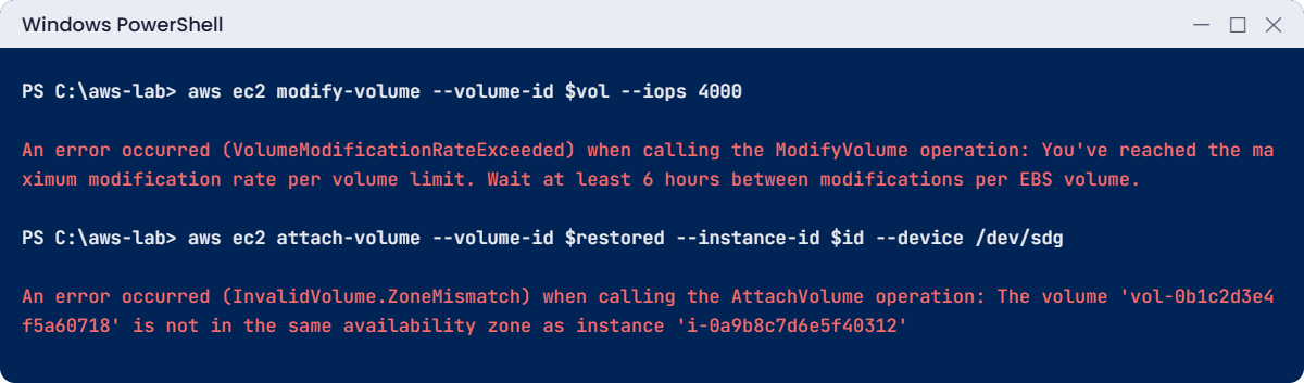 AWS EBS volumes break lab: modification rate limit and zone mismatch