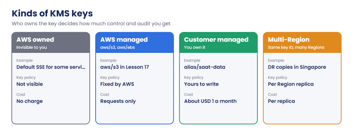Kinds of AWS KMS keys: AWS owned, AWS managed, customer managed, multi-Region