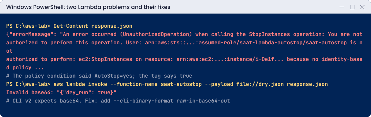 Lambda problems: UnauthorizedOperation from a tag condition and CLI v2 Invalid base64