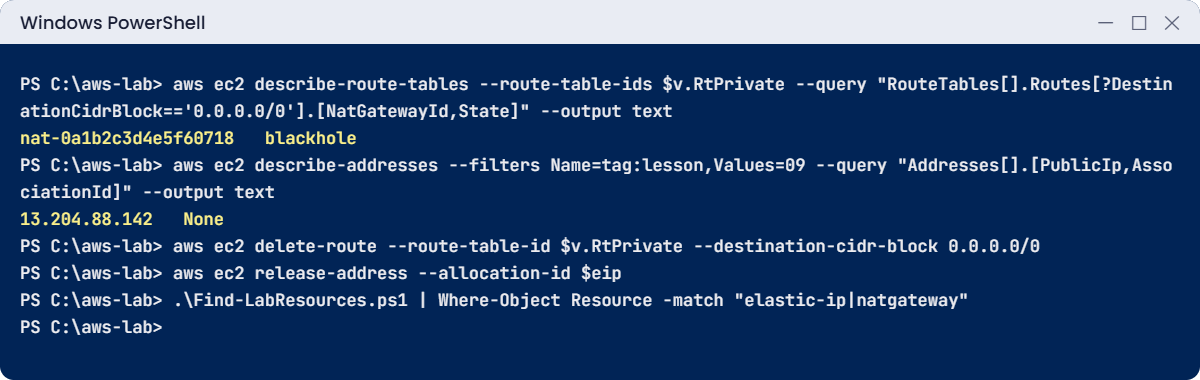 AWS NAT gateway break lab: blackhole route and a leftover Elastic IP