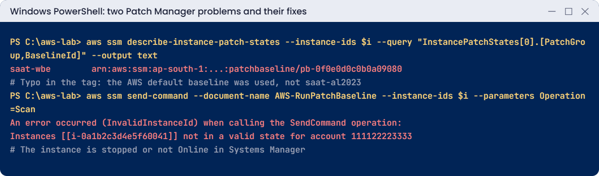 Patch Manager problems: misspelled patch group uses default baseline, InvalidInstanceId