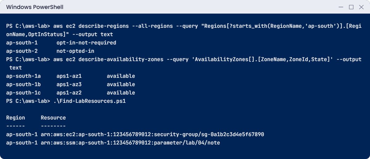 AWS regions and availability zones lab: opt-in status, zone IDs and tagged resources