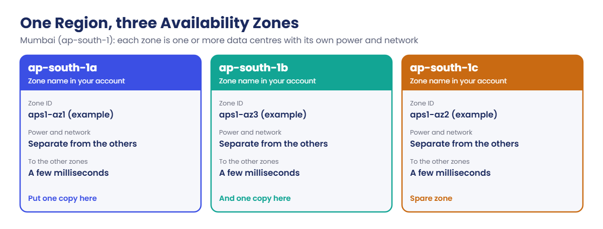 AWS regions and availability zones: the Mumbai Region with three zones