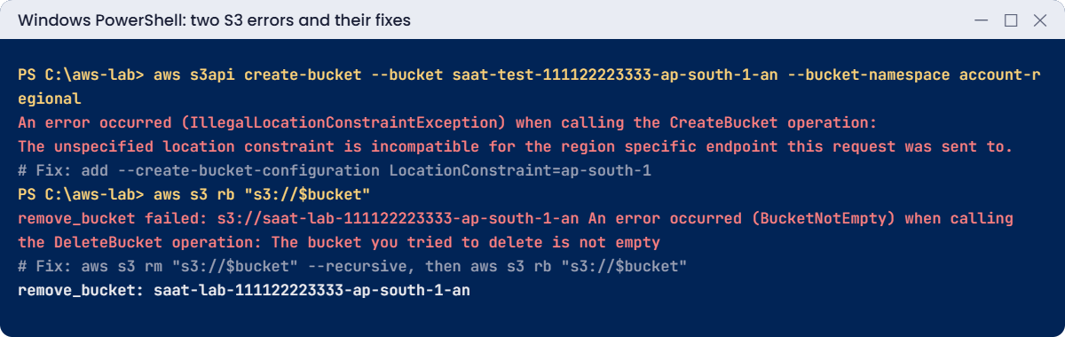 S3 errors: IllegalLocationConstraintException and BucketNotEmpty with fixes