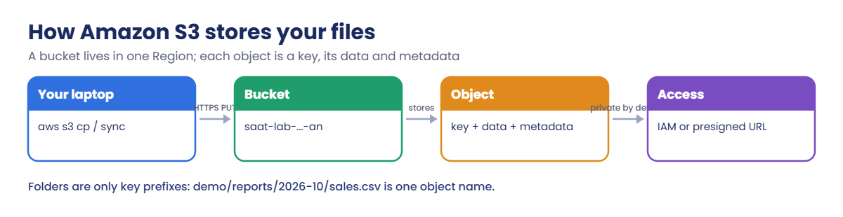 Amazon S3 basics flow: laptop, bucket, object and access