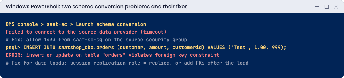 Schema conversion problems: source connection timeout and foreign key violation