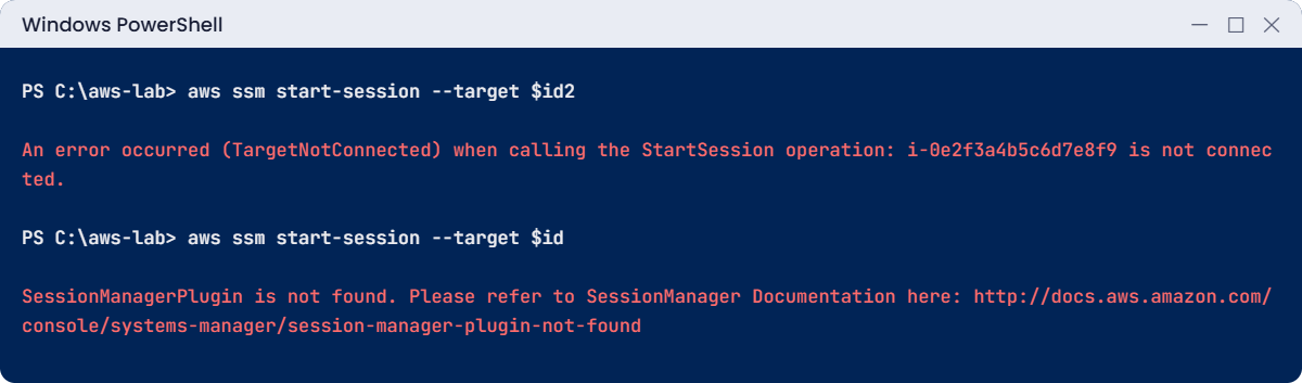 AWS Session Manager break lab: target not connected and plugin not found