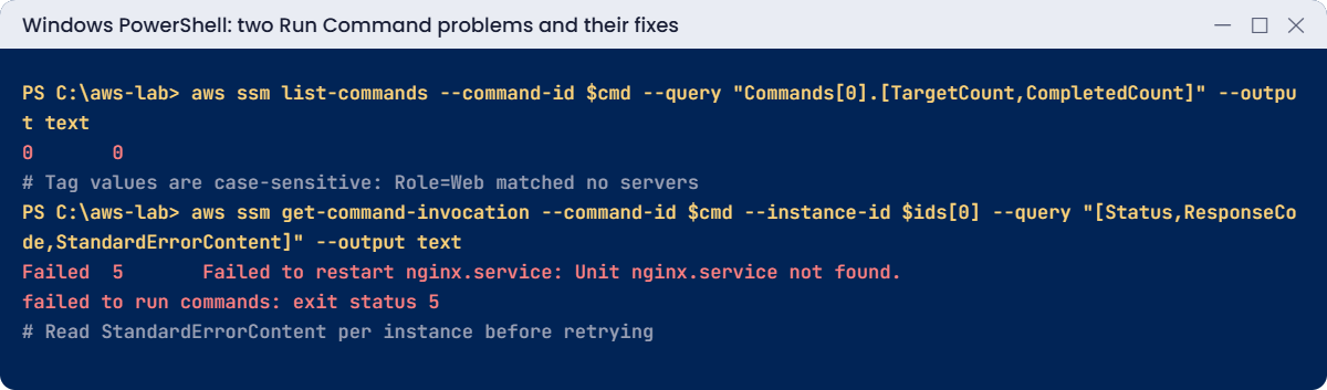 Run Command problems: tag matched no targets, failed command read from stderr