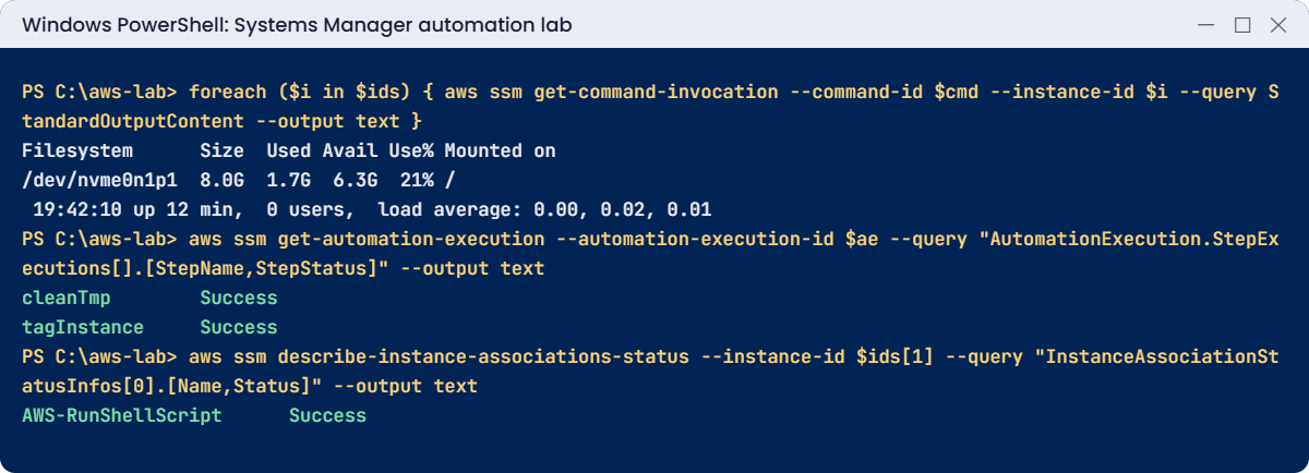 Systems Manager automation lab output: command output, runbook steps, association status