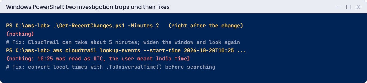 AWS troubleshooting traps: CloudTrail delay and UTC time windows