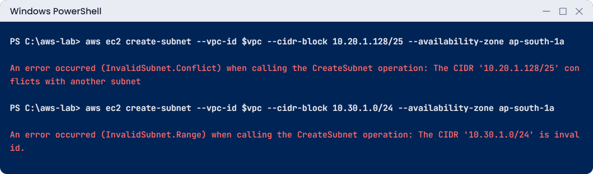 AWS VPC tutorial break lab: subnet conflict and out-of-range CIDR