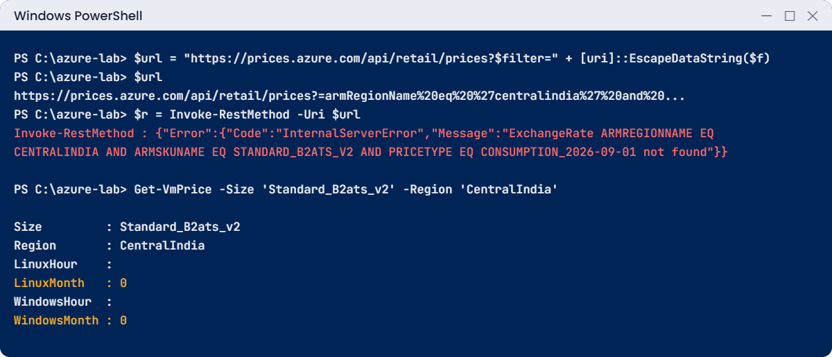 Azure administrator lab errors: missing $filter and a fake zero price