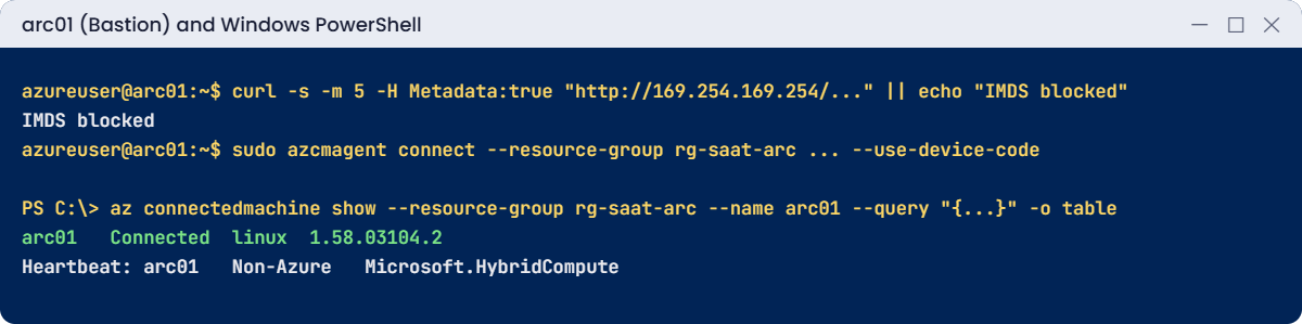 Azure Arc-enabled servers lab: arc01 connected and sending heartbeats