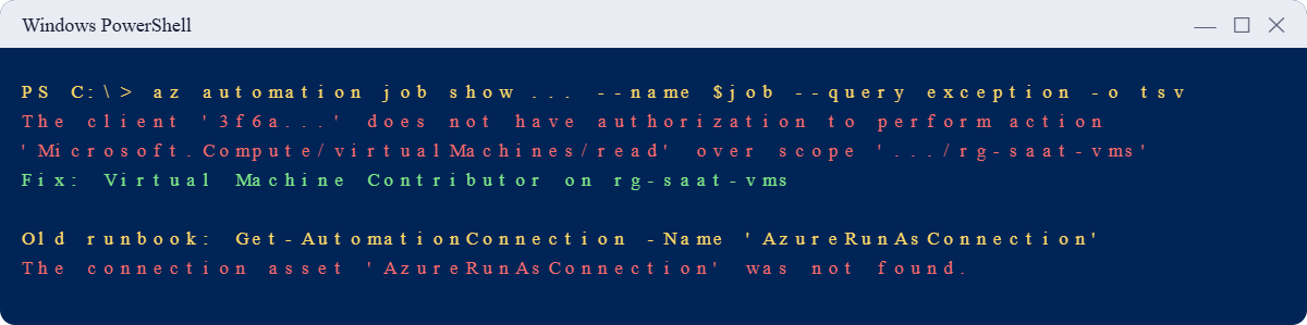 Azure Automation runbook errors: AuthorizationFailed and AzureRunAsConnection