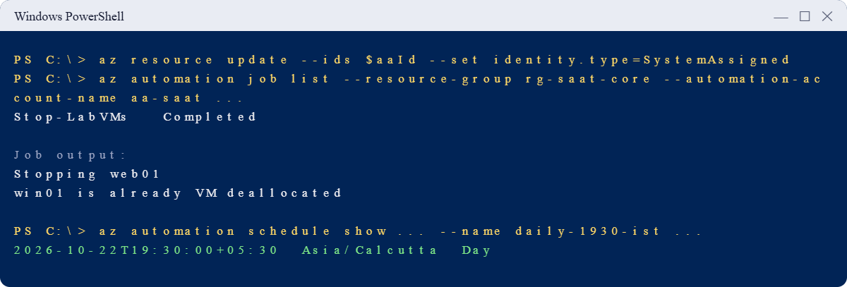 Azure Automation runbook lab: identity, completed job and schedule