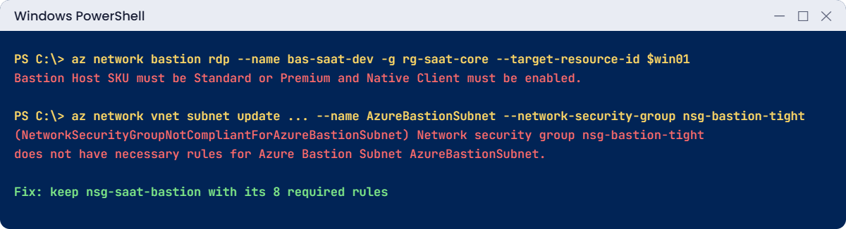 Azure Bastion errors: native client SKU and non-compliant subnet NSG