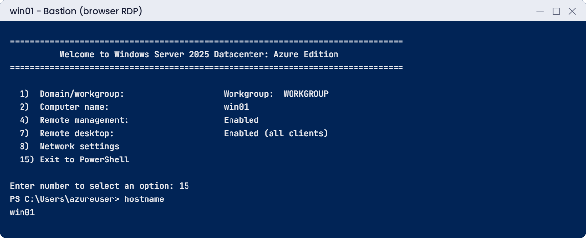 Azure Bastion browser RDP session to win01