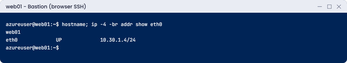 Azure Bastion browser SSH session to web01