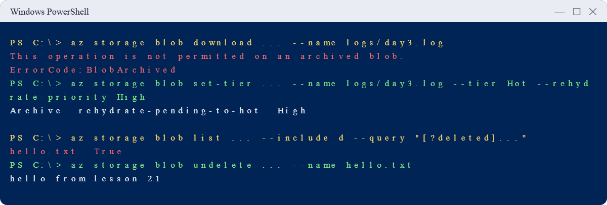 Azure Blob access tiers errors: BlobArchived, rehydrate and undelete