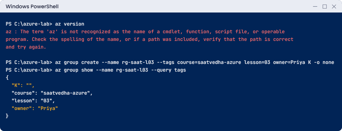 Azure CLI setup errors: az not recognized and an unquoted tag value