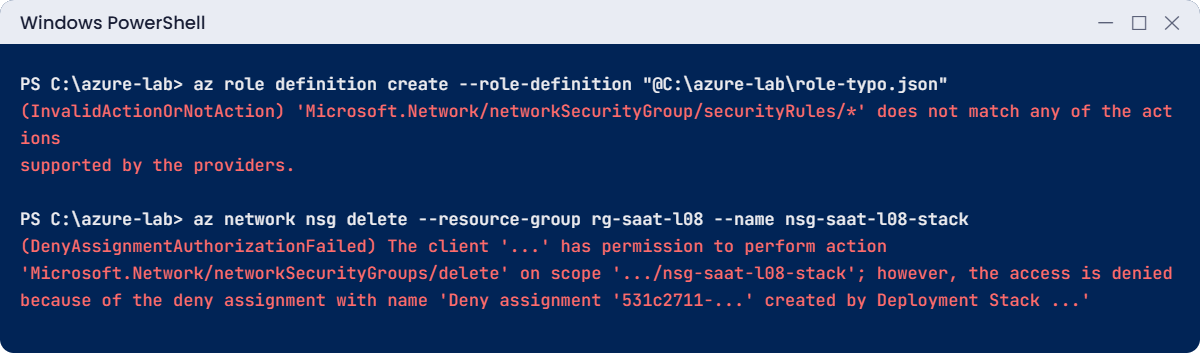 Azure custom roles errors: InvalidActionOrNotAction and DenyAssignmentAuthorizationFailed